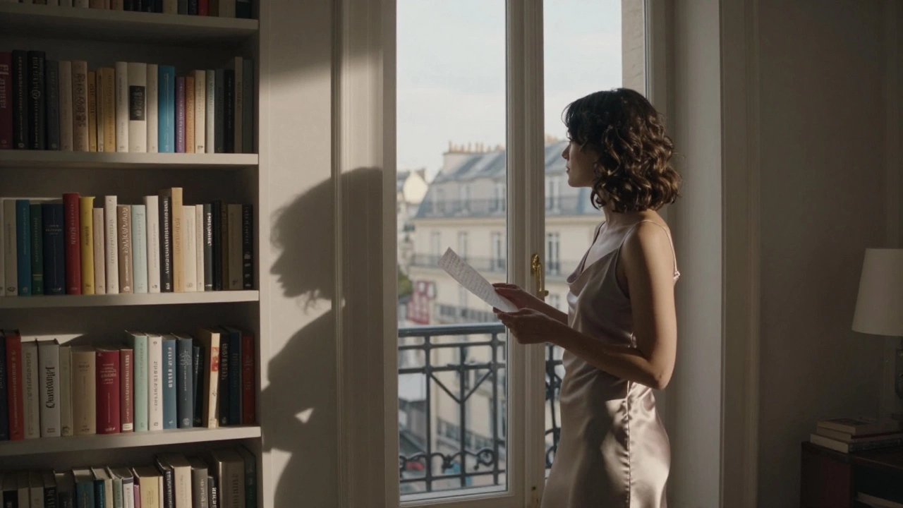 A woman stands by a window in a book-filled Paris apartment, holding a note, sunlight casting soft shadows.