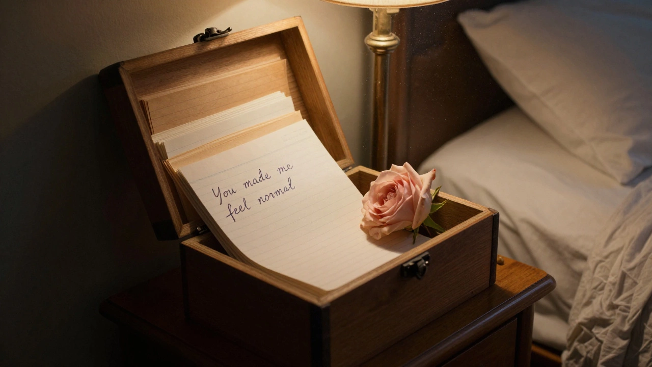 A wooden box filled with handwritten notes from clients lies open on a bedside table, a rose beside it.