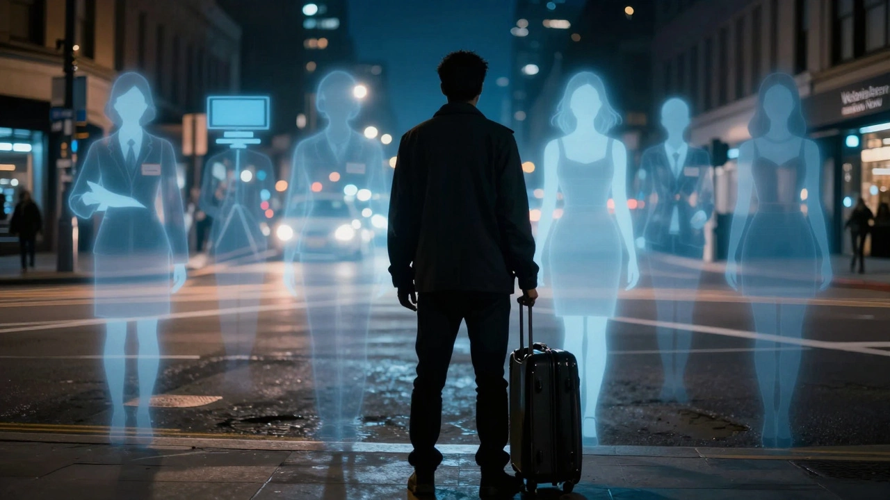 Silhouetted figure at night with ghostly outlines of past jobs fading behind them in city lights.