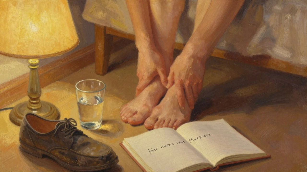 Two hands massaging feet in warm light, with water glass and notebook nearby, no faces visible.